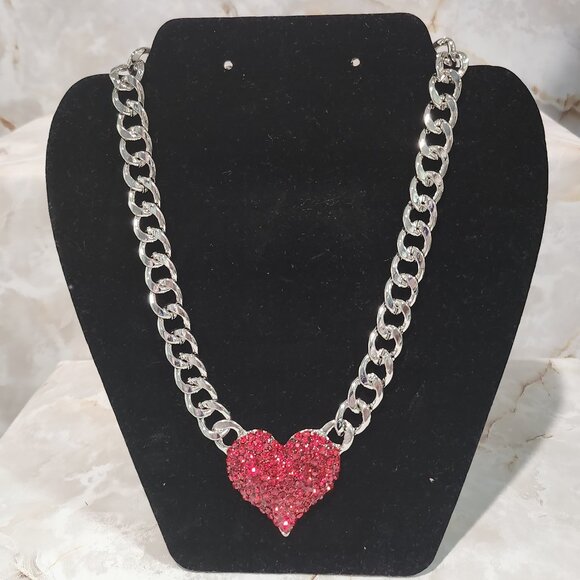Red Rhinestone Heart Silver Necklace - Picture 2 of 2